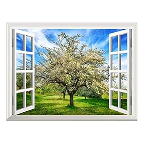 Removable Wall Sticker/Wall Mural - Idyllic Rural Landscape in Spring with a Beautifully Blossoming Apple Tree | Creative Window View Home Decor/Wall Decor - 24"x32"