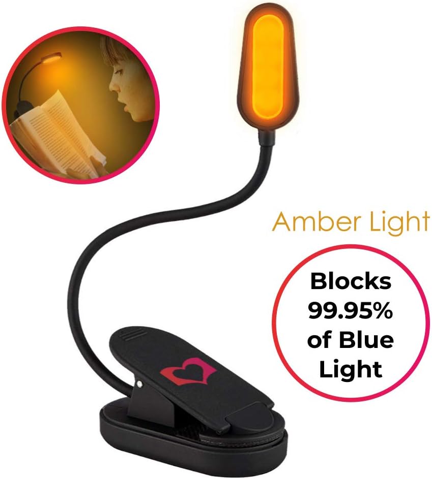 LoveReading Amber Mood and Blue Light Blocking Reading Light - Rechargeable Book Night Light for Reading in Bed - Clip on - Portable Bendable Neck - LED - USB Or Battery Operated - Reduces Eye Strain