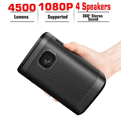Projector Portable 4500 Lumens DLP 1080P Supported Video Projector Audio 200″ Home Theater Outdoors Gaming Mini Projectors BT WiFi Type-C HDMI USB SD Built-in Stereo Speakers- Black