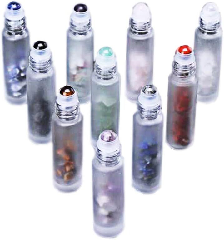 ConStore Frosted Clear Glass Roller Bottle 10 Pack Essential Oil Roll on Containers 10ml Sample Aromatherapy Gemstone Rollerball Bottles with Natural Crystals Chips&Stone Roller Ball