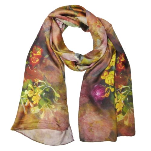 Wrapables Luxurious 100% Charmeuse Silk Floral Painting Long Scarf with Hand Rolled Edges, Peonies in Bloom