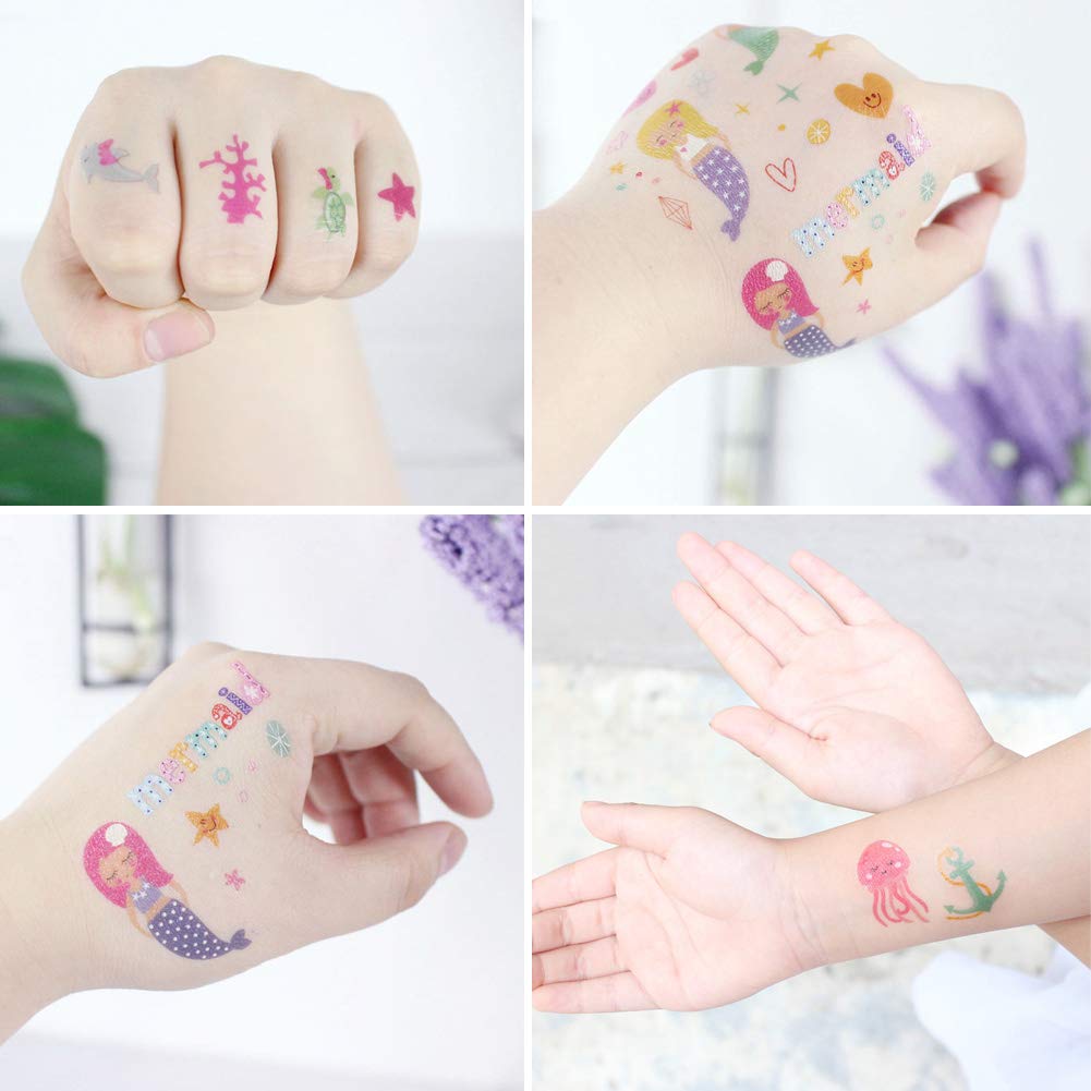 Vindyeer Mermaid Temporary Tattoos for Kids Birthday Party, 300 Tattoos (Pack of 16 Sheets) Waterproof Mermaid Scale Temporary Tattoos, Under the Sea/Mermaid Party Supplies Great Children Party Favors