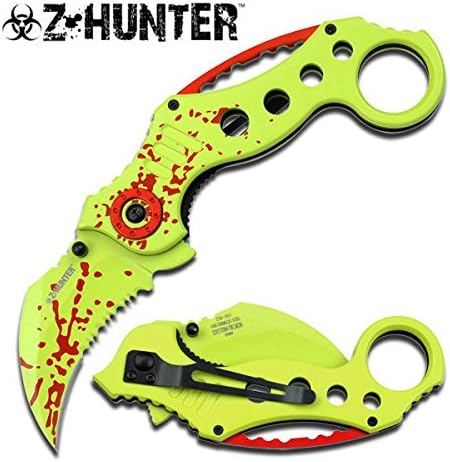 ZB-051GR Z Hunter LSpoiJPqqS Skull spXWck4j Design Karambit Spring Assist Knife 5" W/Clip ajsks ajskdkw dkkdwoqkd vmdka dauioa djas Specifications:Neon Green aluminum handle.Red Blood Splatter on blade and handleSharpened 440 CyEcH stainless steel
