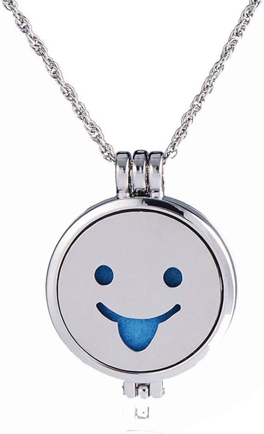 Essential Oil Diffuser Necklace Aromatherapy Jewelry Emoji Smile Stainless Steel Pendant Locket, 24" Chain and 7 Refill Pads