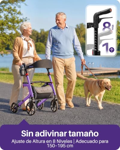 Kekoy K2 Andador para ancianos con asiento plegable de aluminio, regulable en altura, 181 kg de carga, andadores adultos con cojín de asiento de 44 cm, respaldo y bolsa de almacenaje, morado