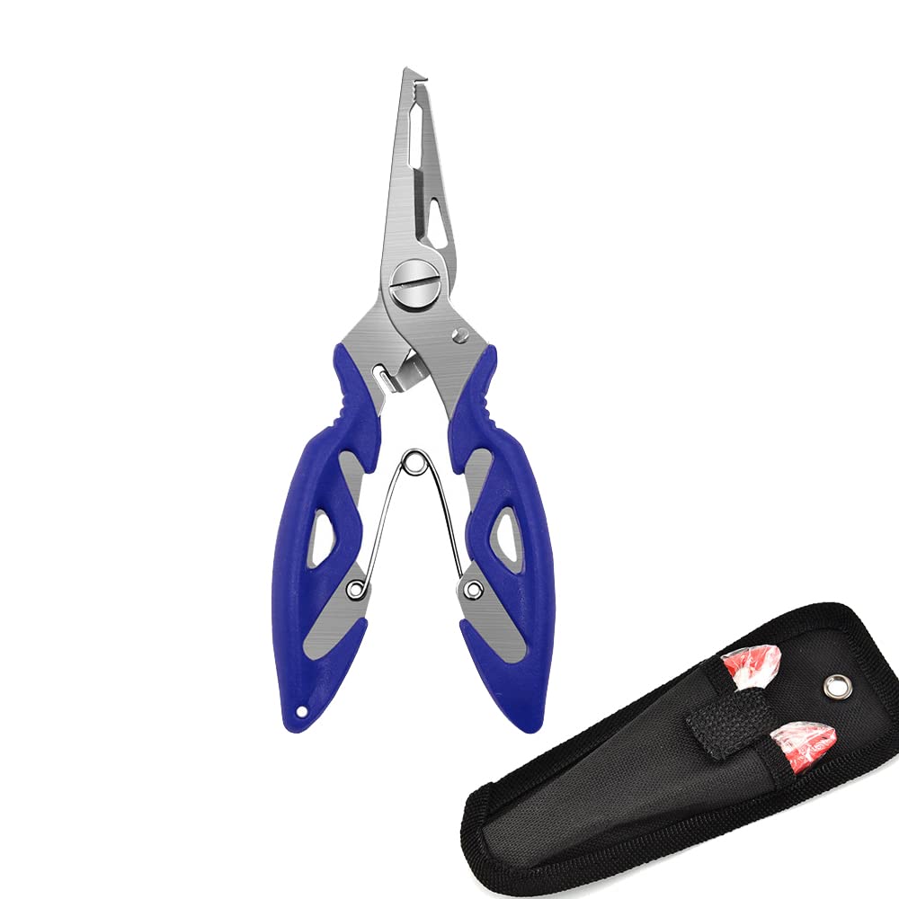 Stainless Steel Fishing Pliers Scissors Multi Tool for Removing Hook Cutting Braid Line and Spliting Rings with Storage Bag, Flesh and Sea Fishing Accessories, Blue
