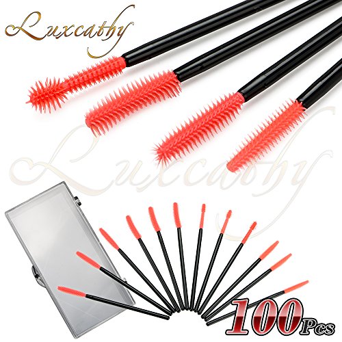Luxcathy 100 Counts 4 Shapes Disposable Plastic Mascara Brushes and 1 Carrying Organizer - Blade / Curved , Tapered , Spherical, Vibrating Wand