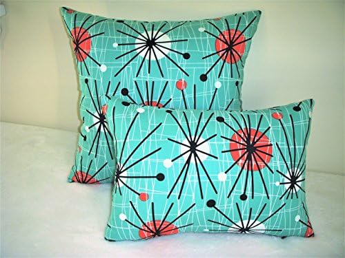 Atomic Pillow Cover Reproduction Eames Era Mid Century Starburst Turquoise Orange White Orbs Black Spokes