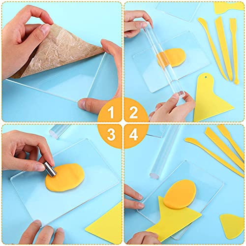 KASTWAVE 23 Pieces Clay DIY Tool Set, Acrylic Clay Roller, Acrylic Sheet, Plastic Scraper Backing Board, Stainless Steel Round Circle Shape Cutter, Plastic Polymer Clay Shaping Tool for DIY Craft