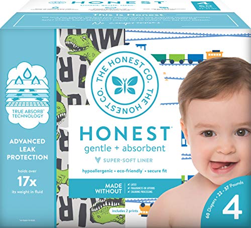 The Honest Company Club Box Diapers with TrueAbsorb Technology, T-Rex & Trains, Size 4, 60 Count