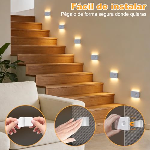 Luces de Escalera con Sensor de Movimiento Recargables, Luces Automáticas con Soporte Magnético Regulables para Interiores en Escaleras, Pasillos, Cocina, Baño (Blanco-6PCS)