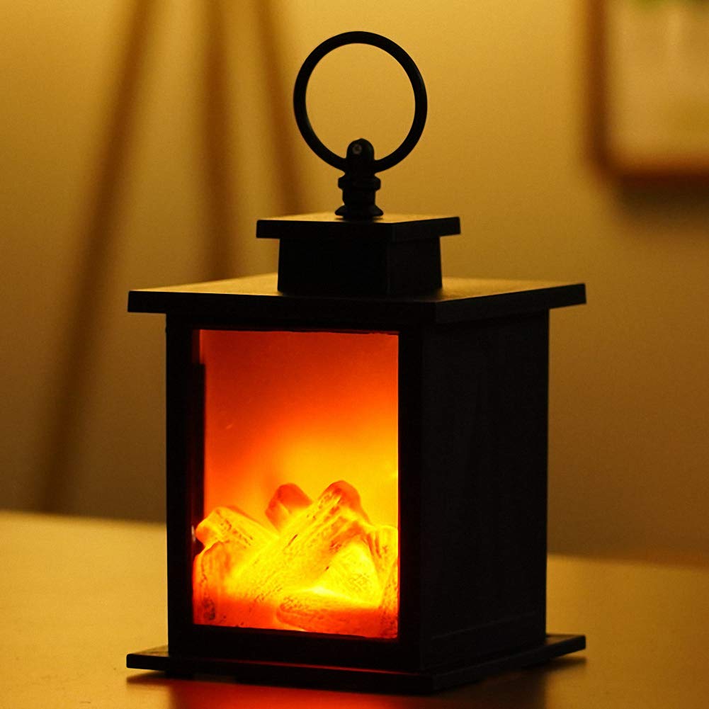 Ulalaza Small Cozy Fireplace Lantern Traditional Realistic Log Wood Burning Flame Effect Ligh LED Charcoal Style Table LampFor Indoor & Outdoor Use