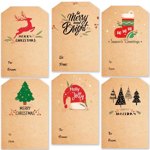 BGTCARDS Christmas Gift Tags Stickers - 120 Christmas Gift Labels Stickers - Christmas Gift Tags Self-Adhesive - Kraft Christmas Labels for Gifts - 2 x 3 Inch Christmas Gift Tags for Presents