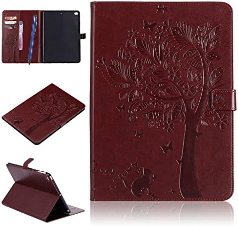 iPad Air 2 Case,Careynoce PU Leather Magnetic Flip Wallet Protective Case Cover for Apple iPad Air 2 iPad 6 (9.7") + Screen Protector and Stylus Pen - Tree and Cat(Coffee)
