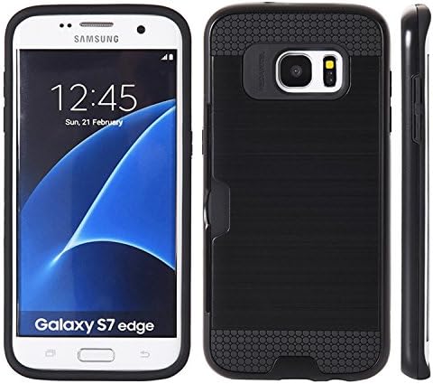 Samsung Galaxy S7 Edge Hybrid Card To-Go Case Black TPU with Silk Back Plate (Black) + Includes VG Brand High Quality Earbuds