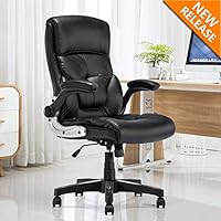 YAMASORO High Back Leather Office Chair - Adjustable Tilt Angle and Flip-up Arms Executive Computer Desk Chair, Thick Padding for Comfort and Ergonomic Design for Lumbar Support, Black