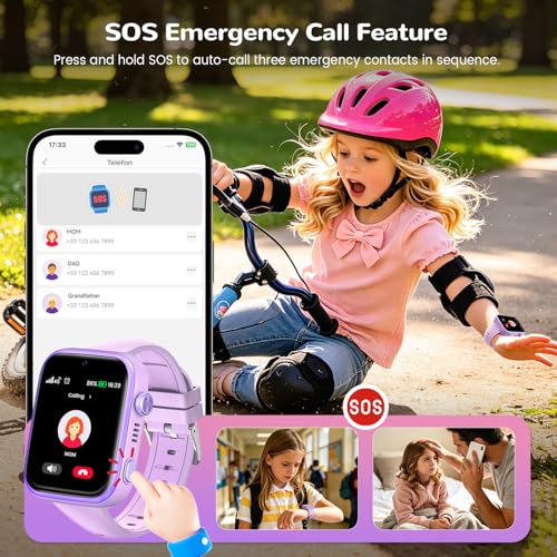 SWGOTA Children's Smartwatch, 4G Smart Watch Phone & GPS, Voice Chat/WhatsApp/SOS/SMS/WiFi/IP68 Waterproof/School Mode/5 Sports/Pedometer, Smart Watch Boys/Girls Purple, Gift