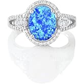 Savlano 14K White Gold Plated Created Oval Blue Opal Stone with Cubic Zirconia Ring for Women - Comes With a Gift Box