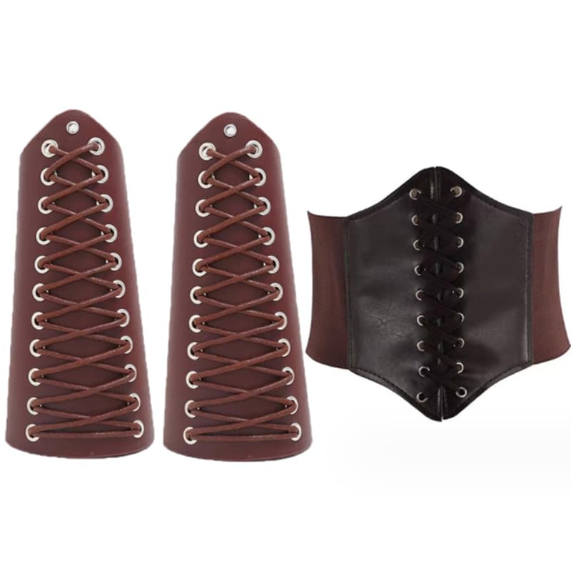 Medieval Arm Guards Leather Waist Cincher Leather Gauntlet Wristband Waist Belt Lace-Up Renaissance Arm Bracers Viking Knight Corset Belt Adjustable Retro Archery Arm Guard Costume Dress Up Props