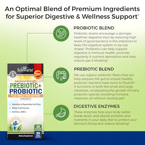 Advanced Prebiotics and Probiotics for Women & Men, Immune, Digestive & Gut Health with L. Reuteri, Inulin Fiber, Digestive Enzymes, Non-GMO, Gluten-Free, Dairy-Free, 30 Capsules