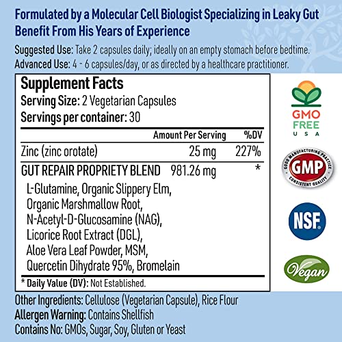 Leaky Gut Repair (60 Capsules) Glutamine Capsules w/ Slippery Elm and Marshmallow Root Leaky