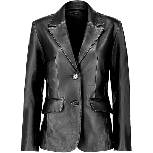 Women's 2-Buttons Blazer Black Real Leather Jacket at Amazon