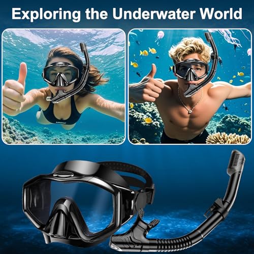 Adult Snorkel Set, Anti-Fog Panoramic Snorkel Sets with Dry Top Snorkel & Swimming Goggles for Diving, Swimming & Snorkelling