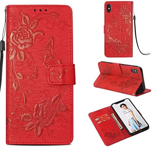 iPhone Xs Max - Case (6.5" Display), MerKuyom [Wrist Strap] [Kickstand] Premium PU Leather Wallet Pouch Flip Cover Case W/Stylus for Apple iPhone Xs Max (3D Embossed Butterfly Flower - Red)
