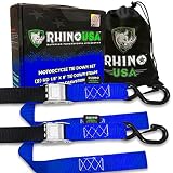 RHINO USA Motorcycle Tie Down Straps (2 Pack) Lab Tested 3,328lb Break Strength, Steel Cambuckle Tiedown Set with Integrated Soft Loops - Better Than a Ratchet Strap