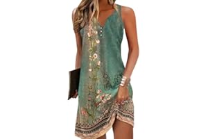 Akivide Womens Summer Casual Boho Ethnic Floral Printed Sundress Knee Length Loose Sleeveless Button V Neck Tank Dress