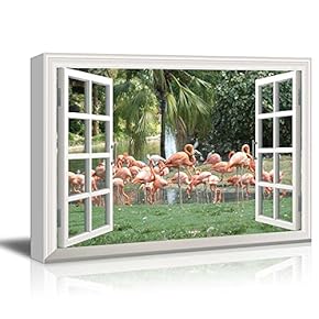 Canvas Wall Art - Window Peering into a River with Trees and Pink Flamingos - Giclee Print Gallery Wrap Modern Home Art Ready to Hang - 12x18 inches