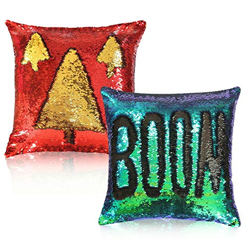 QTKJ1 Reversible Sequins Mermaid Pillow Cover 2 Packs Throw Cushion Case for Home Decor Party/Sofa/Bed 16"X16" (40 X 40cm, Red & Green)