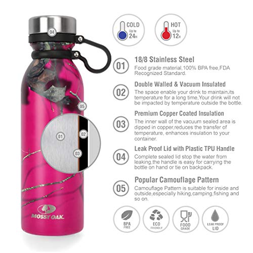 MOSSY OAK Vacuum-Insulated Stainless Steel Water Bottle - Double Walled Cola Shape Bottle - 20 Oz, Pink Camo - Keeps Drinks Cold for 24 Hours & Hot for 12 Hours