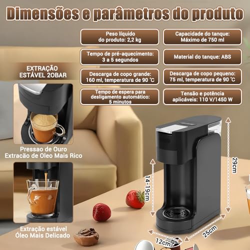 Cafeteira de Capsula, 110V, Cafeteira Capsula 3 em 1, Compatível para Cápsulas Nestlé, Dolce Gusto e Café Moído, Cáfeteira Multicapsula com Bandeja Coletora Ajustável, Tanque de Água para 800ml