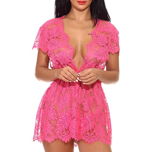 Women Lingerie,Sexy Lace Deep V Short Sleeve Nightdress Sleepwear Underwear Babydoll (Hot Pink, Size:2XL)