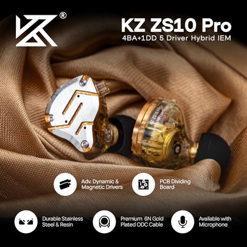 Linsoul KZ ZS10 Pro,5-Core 4BA+1DD In-Ear Headphones,HiFi Wired Earphones,Gaming Earphones,IEM Hybrids,Detachable 2Pin Recessed Cable (Dazzling Yellow, with Mic)