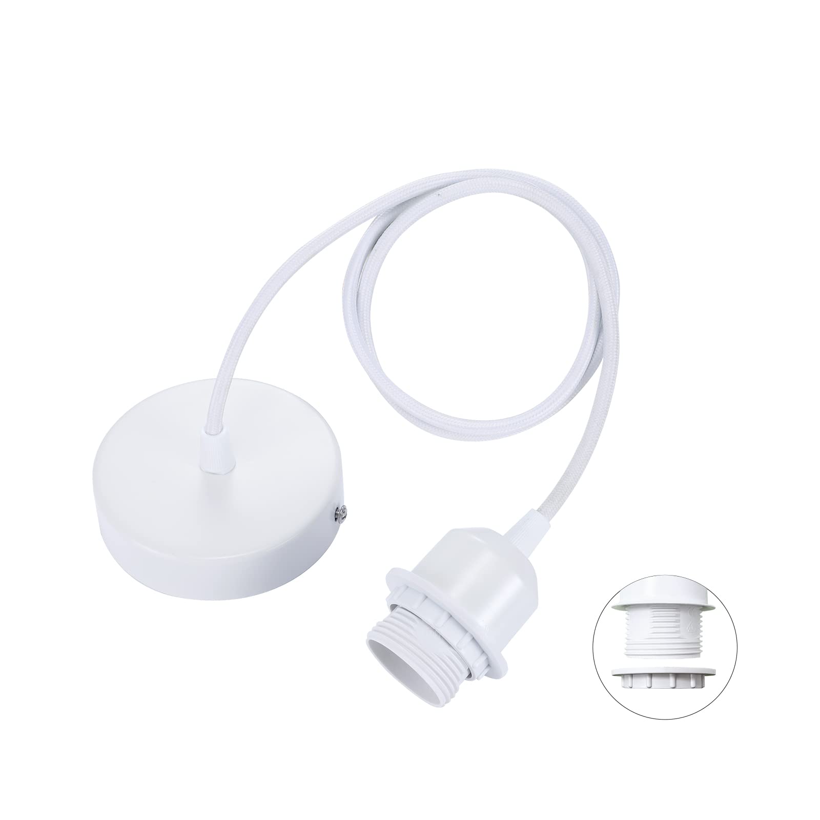 Linkind Metal Pendant Light Fitting, Ceiling Rose E27 Screw Lamp Holder with Lock Ring for Shade, 100cm Braided Flex Cable, Industrial Style, White, 1 Pack