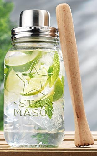 Mason Cocktail Shaker 30 Oz Durable Glass, Stainless Steel Lid with Muddler- Home Kitchen and Bar Set