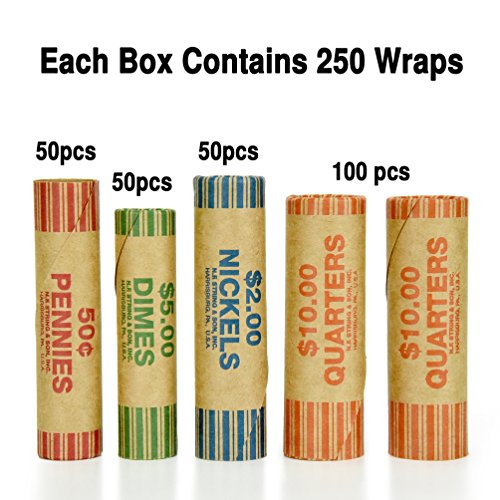 250 Coin Wrappers Made In USA - Preformed Paper Tubes - Assorted Sizes - 100 Quarters, 50 Pennies, 50 Nickels and 50 Dimes