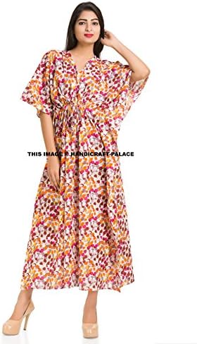 Summer 100% Cotton Plus Size 4X Floral Indian Caftan One Size Fits Most White