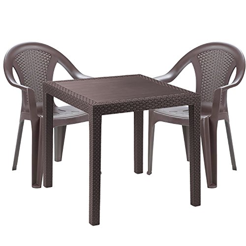 Mojawo® Gartengarnitur - 3-teilig - Gartentisch Kunststoff 79x79cm H72cm - + 2 Stapelstühle - Kunststoff Mokka - Bistro…