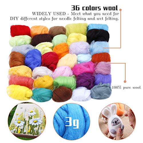 Jupean Needle Felting Kit, 36 Colors Wool Roving with Basic Wool Felt