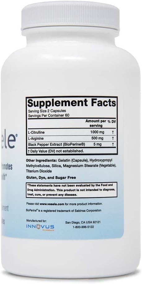 Vesele® - Nitric Oxide Supplements and Promotes Healthy Blood Flow, Dietary Nitric Oxide Supplement with 1500 mg Proprietary Blend of L-Citrulline, L-Arginine, BioPerine - 120 Veggie Capsules: Health & Personal Care