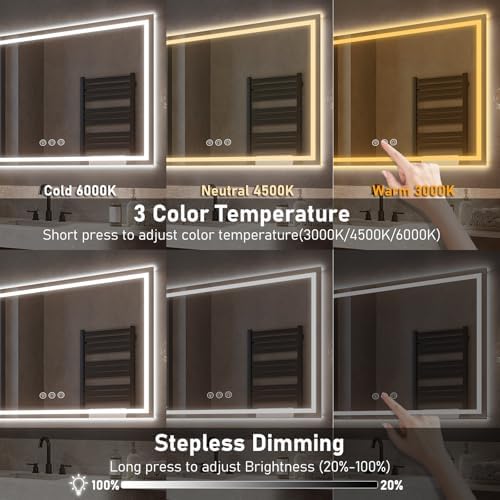 Badspiegel mit Beleuchtung LED, 100x70cm Spiegel mit Light, Wandspiegel mit Frontbeleuchtung, Antibeschlagfunktion, Dimmbar, mit 3 Einstellbaren Lichtfarben