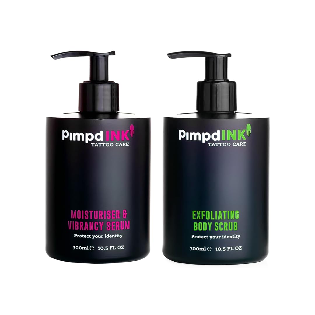 PimpdINK Tattoo Aftercare Kit Bundle | Moisturiser & Vibrancy Serum + Exfoliating Body Scrub(300ml Pump Bottle)