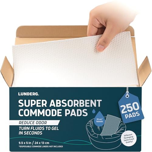 Lunderg Super Absorbent Commode Pads - Medical Grade Value Pack 250 Count - for Disposable Bedside Commode Liners, Adult Chairs, Portable Buckets & Camping Toilet Bags - Unscented