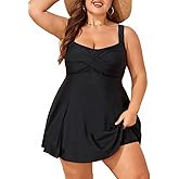 Smismivo Plus Size Swim Dress Tummy Control Swimdress for Women One Piece Swimsuit Built in Shorts Retro Bathing Suit