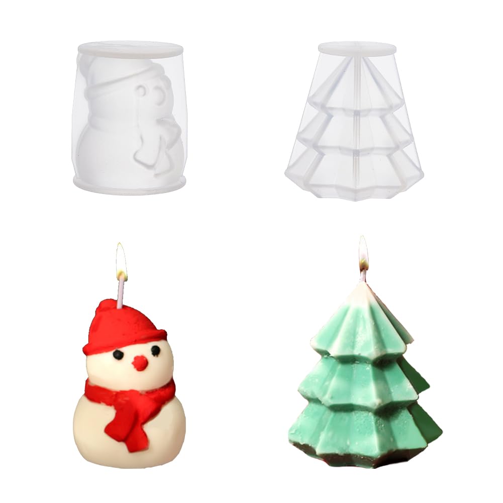 SUPERFINDINGS 2 Styles Christmas Tree Candle Moulds Silicone Snowman Soap Molds Christmas Theme Molds DIY Craft Art Cake Molds Handmade Silicone Molds for Soap Candle Resin Cake Making