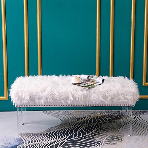 Upholstered Bed Bench White Faux Fur Bench Nailhead Ottomans Footstools Vanity Benches for