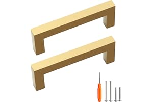 Redunest Cabinet Pulls Gold Cabinet Handles Square Drawer Pulls, 10 Pack 3-3/4 Inch Stainless Steel Kitchen Door Cupboard Cabinet Handles, Drawer Hardware Handles, 96mm Hole Centers